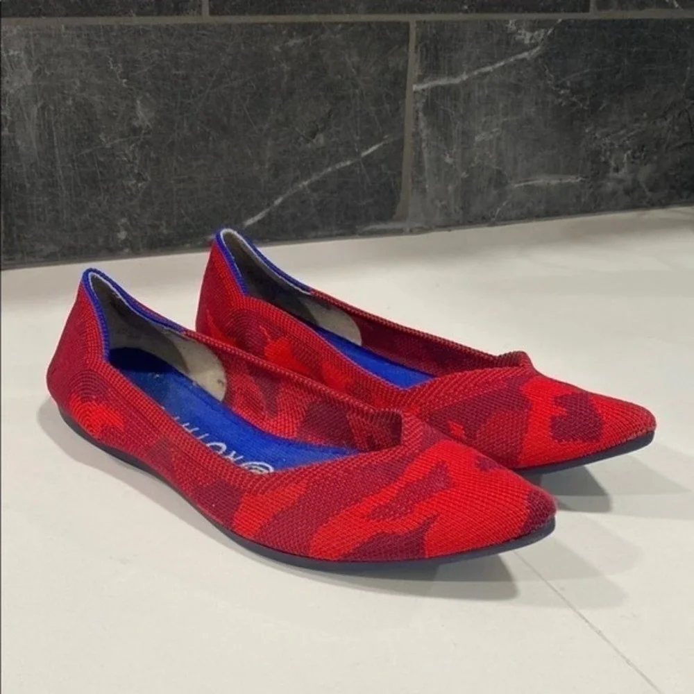 Rothy's Red Camo Knit Point Toe Slip On Ballet Flat Shoes Size 7.5 RETIRED